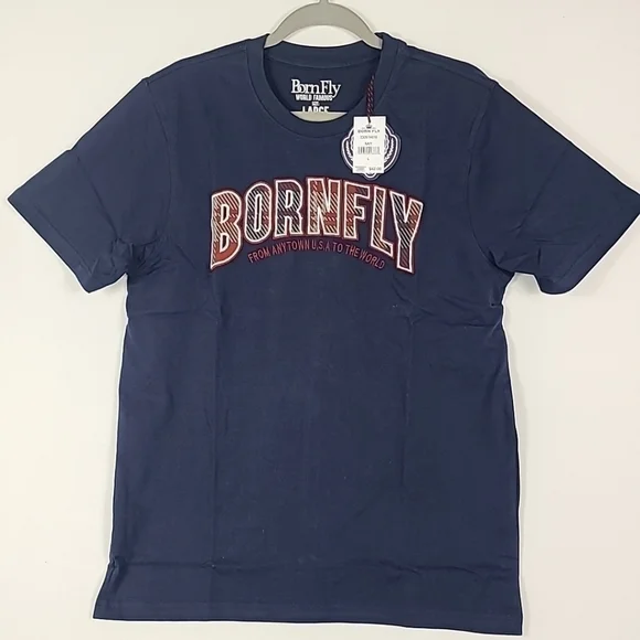 NEW Born Fly Men's Blue 'From Anytown U.S.A To The World' T-Shirt Sz L MSRP $42 - Picture 1 of 5